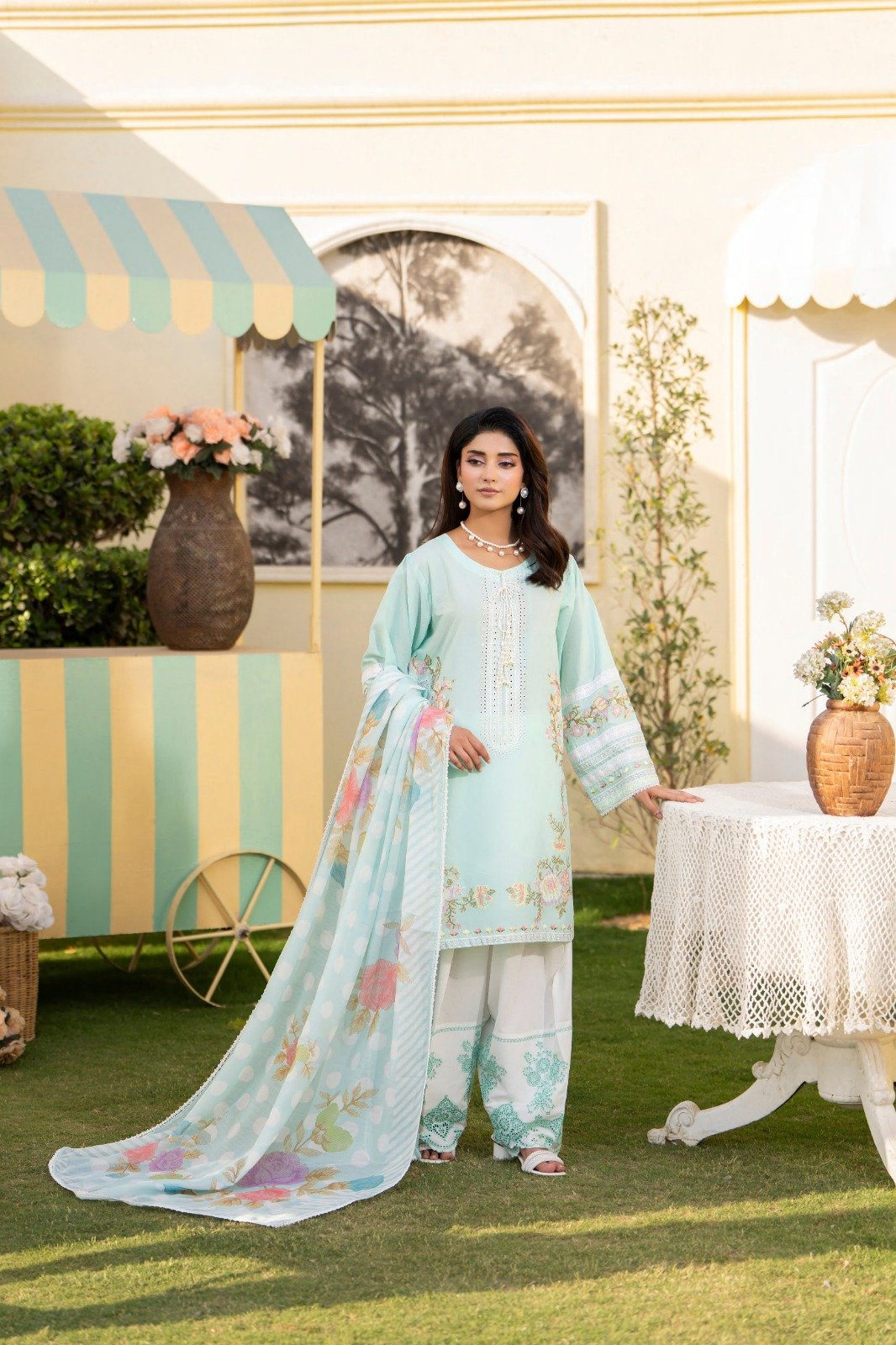 aqua chikankari embroidered