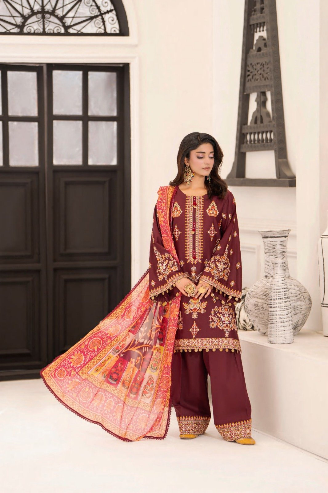 dark red embroidered